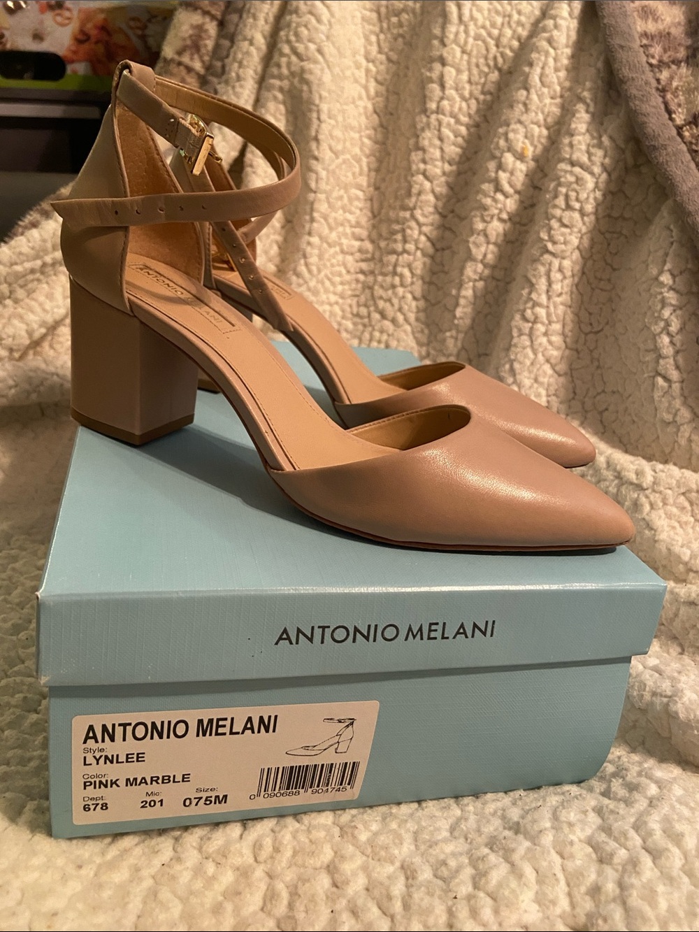 ANTONIO MELANI Pink Marble Block Heel Ankle Strap Pumps
